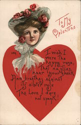 Woman's with hat with roses above large heart Postcard