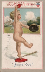 Cupid Playing Baseball, To My Valentine "You're Out" Postcard