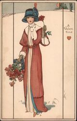 Art Deco Lady with Flowers, A Valentine Postcard