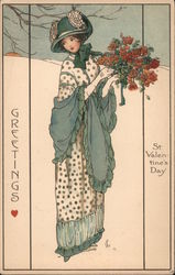 Art Deco Greetings St. Valentine's Day Woman holding bouquet of red flowers Postcard