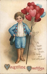 Boy Holds Heart Balloons, "A Heart as Light as Air to Keep and Hold With Care," Valentine Greetings. Postcard