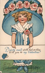 Dainty Maid with hat so fine, Will you be my Valentine? Postcard