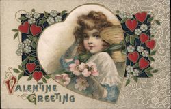 Valentine Greeting Woman in a heart surrounded by hearts and flowers Postcard