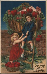 To My Love Boy on ladder, helping a girl baskets of hearts Postcard