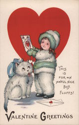 Valentine Greetings Girl in coat and furry pants with a cat Postcard