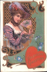 Woman in Pink Dress and Hat with Fan, Valentine Greeting Postcard