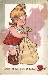 To my Valentine-Don't let the cat out of the bag girl holding bag Postcard