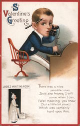 Man sitting at a desk talking on a phone. Woman standing outside a ladies waiting room Postcard