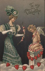 To my Valentine Woman shooting Cupid with arrow Postcard