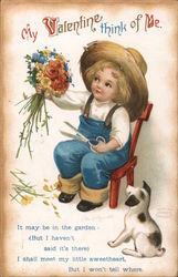 My Valentine Think of Me - A Child Sitting in a Chair Holding Flowers Children Postcard Postcard Postcard