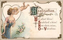 Cupid Kisses Woman, Realization Met, What Bliss, Snatched a Kiss, Now She's Mine, Own Valentine Postcard Postcard Postcard