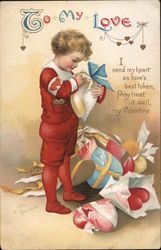 Boy wrapping hearts: "To my Love" Children Postcard Postcard Postcard