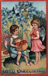 To My Sweetheart- Two Cupids with a box of hearts, one sitting on a bench- flowers and gate Postcard Postcard Postcard