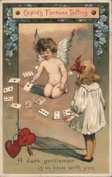 Cupid's Fortune Telling Cupid Reading Cards to a girl Postcard