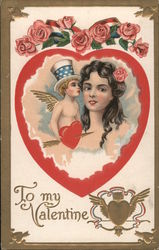 To My Valentine Uncle Sam Cupid and woman in heart frame with roses Postcard