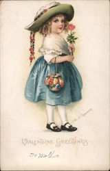 Valentine Greetings- Girl with Rose Children Postcard Postcard Postcard