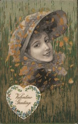 Woman wearing a hat with gold flowers falling Postcard