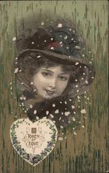 A Token of Love - Woman in Hat, Heart with Flowers and Text Postcard