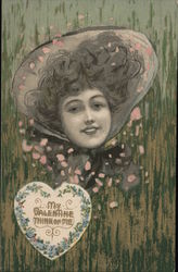 My Valentine Think of Me - Woman's Face in Bonnet with Flower Petals Postcard