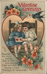 2 Children sitting on a bench looking at a Valentine's card. Surrounded by robins and flowers Postcard Postcard Postcard