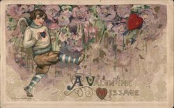 Boy with Wings Kicks Heart, Flowers in Background, A Valentine Message Postcard