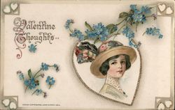 Woman in Hat, Blue Flowers, Valentine Thoughts Women Postcard Postcard Postcard