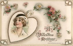 Woman in Heart Surrounded by Flowers, A Valentine Message Women Postcard Postcard Postcard