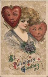 Woman and Two Hearts with Faces, St. Valentine's Greeting Postcard