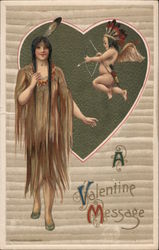 A Valentine's Message Cupid striking Native American Woman Postcard