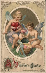 St. Valentine's Greeting- Two cupids and flower basket Postcard Postcard Postcard