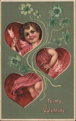 Cupid shown inside 3 hearts with green flowers Postcard Postcard Postcard