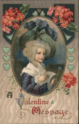 A Valentine Message Woman in frame with Flowers and hearts Postcard