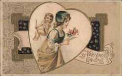 St. Valentines Greeting Cupid looking over woman with bouquet in heart frame Postcard