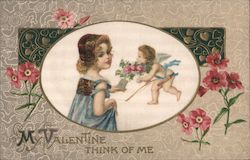 My Valentine, Think of Me, Girl receiving flowers from Cupid Postcard Postcard Postcard