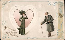 Greetings to my Valentine Man looking at woman, heart in background Postcard