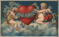 To my Valentine- Two Cupids putting blue flowers around a heart in the sky Postcard Postcard Postcard