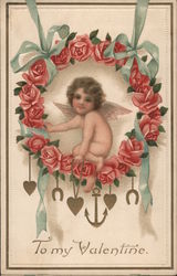 To My Valentine- Cupid in Rose Wreath with anchor and heart pendants Postcard Postcard Postcard