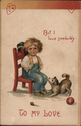 To my love, but I love somboddy boy on red chair with dog and ball Postcard