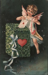 Cupid dropping Valentine in a clover box Postcard