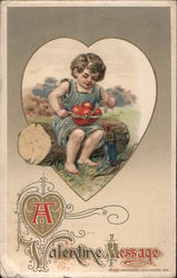 A Valentine Message Cupid sitting on log tying together two hearts Postcard