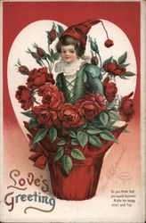 Love's Greeting- elf coming out of pot of red roses Flowers Postcard Postcard Postcard