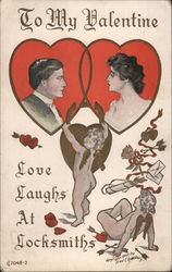 Two Cherubs Putting a Lock on a Man and Woman, To My Valentine, Love Laughs at Locksmiths Postcard