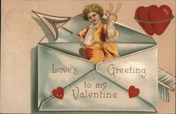 Child inside an envelope with hearts and an arrow Postcard