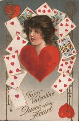 To my Valentine, Queen of my Heart-Woman's head above heart, surrounded by heart playing Cards Hearts Postcard Postcard Postcard