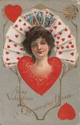 Woman's Head Appears from Heart, Hearts Playing Cards Behind, To My Valentine, Queen of my Heart Postcard Postcard Postcard