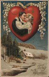 Couple kissing inside a heart underneath flowers and above a winter scene Postcard