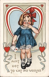 Girl with heart in background "I aint got to eat no worms" Postcard