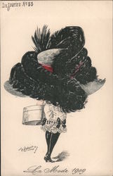 A woman wearing a large hat wrapped in black feathers,carrying a hat box Hats Postcard Postcard Postcard