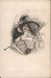 Woman in a hat with feathers holding a parasol Postcard