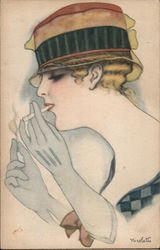 Italian woman Pillbox hat Wearing gloves lighting cigarette Deco Hats Postcard Postcard Postcard